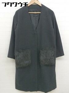 ■ w closet ダブルクローゼット フェイクファー 長袖 ノーカラー コート サイズF ダークグレー レディース