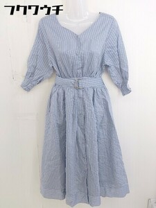 ◇ ◎ natural couture NICE CLAUP ウエストベルト付き ストライプ 長袖 ロング ワンピース サイズF ブルー系 レディース