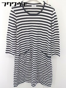 ◇ Marimekko マリメッコ ボーダー 七分袖 膝丈 ワンピース サイズXS ホワイト ブラック レディース