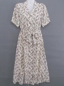 * * INGNI floral print waist rubber open color short sleeves knees under height One-piece size M ivory Brown multi lady's 