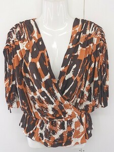 * cITRUS Notes silk 100%kashu cool total pattern short sleeves blouse Brown orange ivory lady's 
