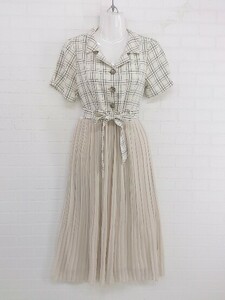 ◇ ◎ MAJESTIC LEGON プリーツ チェック 切替 半袖 膝下丈 ワンピース サイズM アイボリー ベージュ レディース P