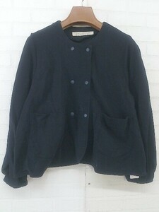 ◇ CHILD WOMAN Dot and Stripes ノーカラー ストレッチ 長袖 ジャケット サイズF ネイビー レディース P