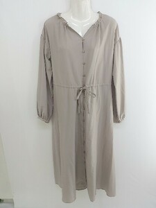 ◇ w closet ダブルクローゼット フリルカラー ブラウジング 長袖 膝下丈 ワンピース サイズF グレージュ レディース P