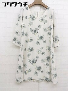 ◇ misch masch ミッシュマッシュ 花柄 ノーカラー 七分袖 ミニ ワンピース サイズ 38 ホワイト グレー マルチ レディース