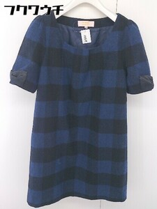 ◇ Минимальный минимальный гингхэм чек из шерстяного вязаного вязания с коротким рукавом мини -платье размера 2 темно -синие черные женщины