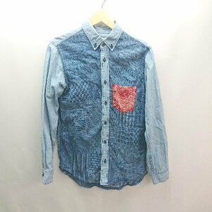 ◇ DUFFER INDIGO ボタンダウン 切り返し 総柄 胸ポケット シンプル オシャレ 長袖 シャツ サイズM ブルー メンズ E