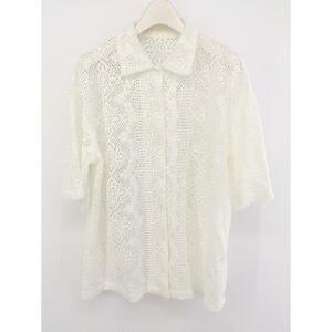◇ LOWRYS FARM 透かし編み フロントボタン 五分袖 コットン ニット シャツ サイズF ホワイト レディース P