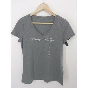 ◇ ◎ ●美品● TOMMY HILFIGER タグ付き Vネック 半袖 Tシャツ カットソー サイズ M グレー レディース P