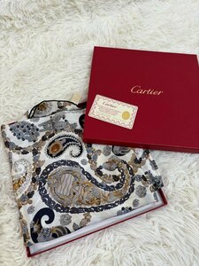 1円～　cartier カルティエ　スカーフ　ペイズリー　ヒョウ　宝石柄　箱付　シルク100%　ホワイト　グレー　ストール　83×83cm