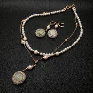  ＜新品＞ホワイト 淡水養殖 パール 真珠 天然 プレナイト 18.5インチ ネックレス ピアス 2点セット 結婚式 プレゼント パーティー