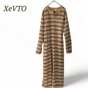 XeVTO　タオルワンピース　ロング　カジュアルボーダー　くすみイエロー　M～L