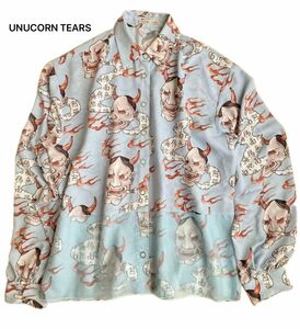 UNUCORN TEARS ユニセックス　希少　ブルーオープンカラー南無阿弥陀仏総柄プリントシャツロゴ刺繍　XL超軽量速乾個性長袖