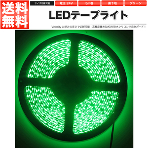 LEDテープライト DC 24V 300連 5m 5050SMD 防水 高輝度SMD ベース黒 切断可能 グリーン