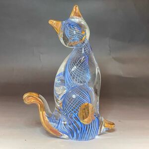 ヴィンテージ MURANO VENEZIAムラノガラス イタリア製 ベネチアンガラス 猫 高さ約16cm 置物 CAT VINTAGE GLASS made in ITALY 青 ブルー