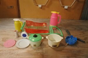  Showa Retro toy set plastic tableware pot . plate saucepan nabe carry bag shopping basket case 