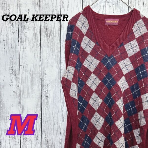 【1】【美品】GOALKEEPER ゴールキーパー ニット セーター メンズ レディース アーガイル柄 レッド カシミヤ