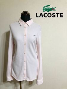 LACOSTE ラコステ レディース ボタンダウン ストライプ 鹿の子 ポロシャツ トップス サイズ40 長袖 白 ピンク ファブリカ 日本製 KF110E