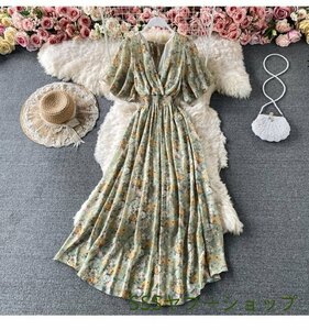 レトロ グリーン 花柄プリントワンピース レディース Vネック Aライン シフォン 半袖 ロングワンピース 夏服 薄手 おしゃれ