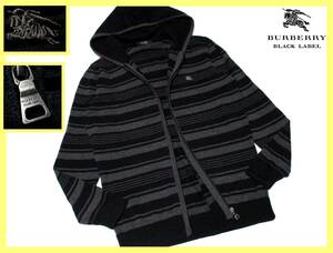 大人気サイズ L(3) 美品 バーバリーブラックレーベル グレーホース刺繍 バーバリーライン総柄 ジップアップ 羊毛混紡 ニットパーカー 