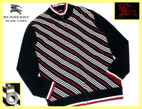 大人気 L(3)極美品 バーバリーブラックレーベル BURBERRY BLACK LABEL ホース刺繍 前身頃バーバリーライン ジップアップ ニットジャケット