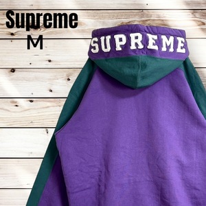 【最高カラー】SUPREME シュプリーム フード刺繍 18AW Paneled Hooded Sweatshirt バイカラー プルオーバーパーカー パープル グリーン 緑