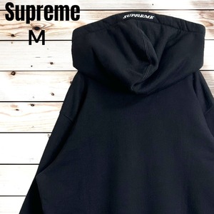 【人気デザイン】Supreme シュプリーム フード刺繍 リブロゴ パーカー プルオーバー 黒 ブラック M メンズ 長袖 