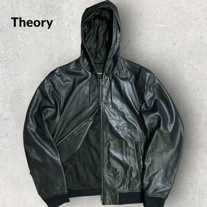 定価14万 Theory セオリー BENJI RIVINGTON 羊革 レザージャケット フーディ Lサイズ ネイビー 薄手 軽量 本革 レザーパーカーの画像1