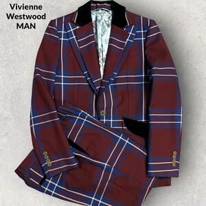 定価12万 Vivienne Westwood MAN ヴィヴィアン タータンチェック ダブルラペルジャケット セットアップ ベロア サイズ44 裏地総柄
