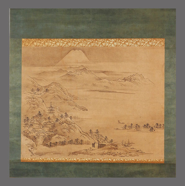 [Authentic] ■Sesshu Toyo■Fuji landscape painting■Certified by Ryoga Yuasa■Ink-wash painter/Zen monk active during the Muromachi period■Hand-painted■Hanging scroll■Japanese painting■, Painting, Japanese painting, Landscape, Wind and moon