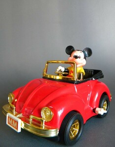 当時物 ★★ Mickey Mouse ミッキーマウス 良好 Volkswagen ソフビ 赤＆ゴールド !! 作動確認 マスダヤ sofvi 日本製 ブリキ 旧車 ワーゲン