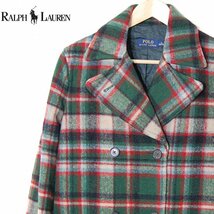 ポロラルフローレンPOLO RALPH LAUREN■Pコート チェック柄 ピーコート ウール■4■グリーン系 ※NK3d14283_画像1