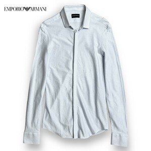 正規品 EMPORIO ARMANI エンポリオ アルマーニ 比翼仕立て ストレッチ コットン 長袖 シャツ 39 メンズ 170/92A / 白 水色 ストライプ柄