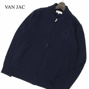 VAN JAC ヴァン ジャック 秋冬 ロゴ刺繍★ フルジップ ウール100% ニット ジャケット ブルゾン Sz.L　メンズ ネイビー　C3T11893_C#K