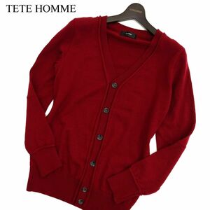 TETE HOMME テットオム 秋冬 Vネック ウール100%★ ニット カーディガン 羽織り Sz.46　メンズ 赤 日本製　C4T00114_1#K