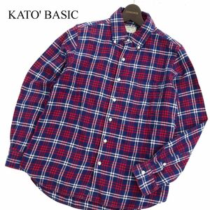 KATO' BASIC カトー 長袖 ボタンダウン チェック★ ネル シャツ Sz.S　メンズ ネイビー × 赤　C4T00038_1#B