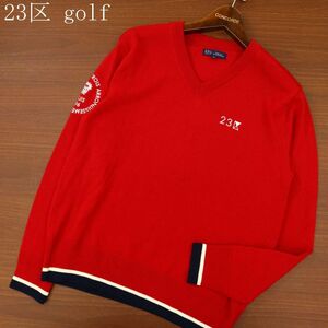 23区 golf ゴルフ 秋冬 Vネック ロゴ刺繍★ ウール100% ニット セーター Sz.M　メンズ 日本製 赤　C4T00331_1#K