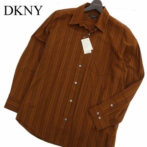 [ новый товар не использовался ] DKNY Donna Karan через год * искусственный шелк . длинный рукав мульти- полоса рубашка Sz.M мужской чай цвет C4T00335_1#C