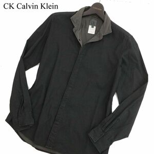 CK Calvin Klein カルバンクライン 通年 長袖 襟袖ワイヤー★ ストライプ シャツ Sz.M　メンズ 黒　C4T00367_1#C