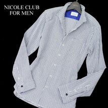 NICOLE CLUB FOR MEN ニコルクラブ フォーメン 通年 格子柄 長袖 襟ワイヤー★ イタリアンカラー シャツ Sz.48　メンズ 白　C4T00385_1#C_画像1