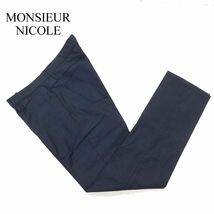 MONSIEUR NICOLE ムッシュ ニコル ヘリンボーン柄★ スリムフィット スラックス パンツ Sz.48　メンズ ネイビー 日本製　C4B00345_1#R_画像1