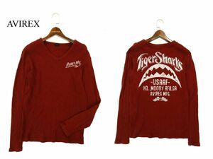 AVIREX アヴィレックス 通年 ロゴ タイガーシャーク★ ロゴプリント★ 長袖 Vネック カットソー ロンTシャツ Sz.L　メンズ　C4T00356_1#F