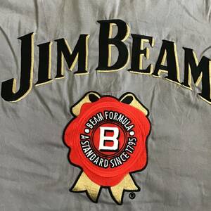 ［H 61］JIM BEAM ジンビーム 半袖シャツワークシャツ 刺繍 ドリンク系 ワッペン Mサイズ グレー 1円スタート アメリカ古着 古着卸