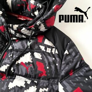 (美品) プーマ PUMA 脱着式 フード付 ダウンジャケット M ブラック グレー レッド フルジップ ジャケット