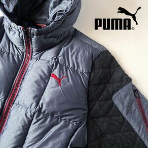 (美品) プーマ PUMA フード付 ダウンジャケット M ブルー グレー x チャコールグレー x レッド フルジップ キルティング ジャケット