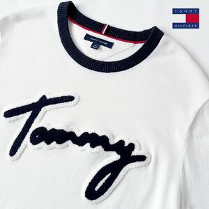 トミーヒルフィガー TOMMY HILFIGER クルーネック ニット セーター L ホワイト ネイビー ビッグロゴ コットンセーター