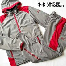 美品 アンダーアーマー UNDER ARMOUR セットアップ ストレッチ 裏地起毛 XL グレー レッド STORM サーマルフルジップフーディー 上下セット_画像1