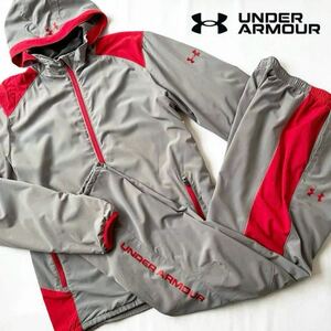 美品 アンダーアーマー UNDER ARMOUR セットアップ ストレッチ 裏地起毛 XL グレー レッド STORM サーマルフルジップフーディー 上下セット