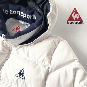 ルコック スポルティフ lecoq sportif フード付 ダウンジャケット L ホワイト x ネイビー フルジップ フーディー ダウン ジャケット