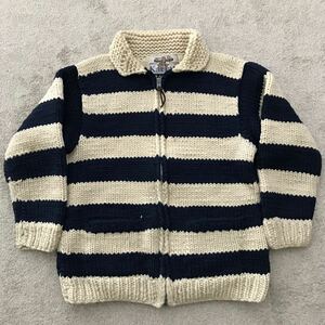 90's カナダ製 KANATA カナタ ボーダー カウチン セーター ローゲージ ニット M相当 ナチュラル×ネイビー WOOL ウール SWEATER